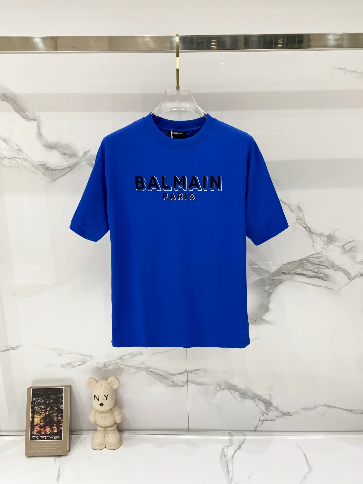 BALMAIN/Balmain - pure cotton gram round neck T-shirt, letter brand LOGO ghost printing flocking process logo, pure quality, original fabric 100% cotton, Versatile fashion, light luxury trend, tag, collar label, wash, three labels complete Size: XS-L Color: Black.White.Royal Blue